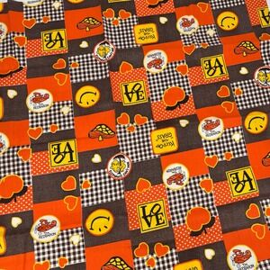 Vintage 70s Fabric Smiley Face LoVE‎ The Red Baron Gingham Patchwork Mushrooms